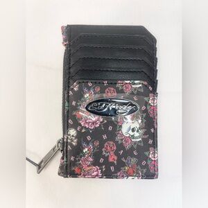 Ed Hardy Card Wallet with Zip Pocket Skulls and Roses Y2K Inspired Tattoo Design